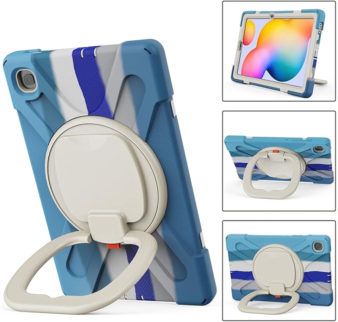 360 Rotation Case for Samsung Galaxy Tab S6 Lite 10.4" Sturdy Cover Rotate Ring Stand Shoulder Carrying Strap Hand Strap Rugged Children Adults Outdoor Case (Colourful Blue)