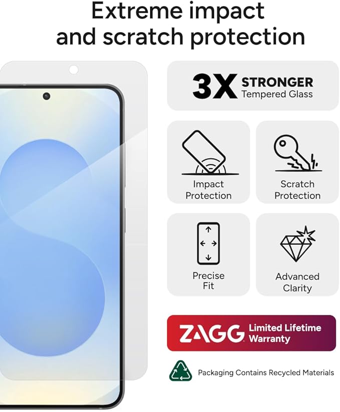ZAGG Glass+ Samsung Galaxy S25/ S24 Screen Protector – Extreme Impact & Shatter Protection, Scratch-Resistant, Smudge-Resistant, Fingerprint Scanner Compatible, InvisibleShield, Easy Installation