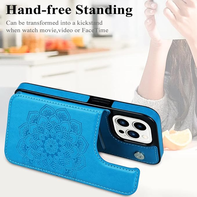 MMHUO for iPhone 15 Pro Case with Card Holder,Flower Magnetic Buttons Protective Wallet Case for Women for iPhone 15 Pro,Blue