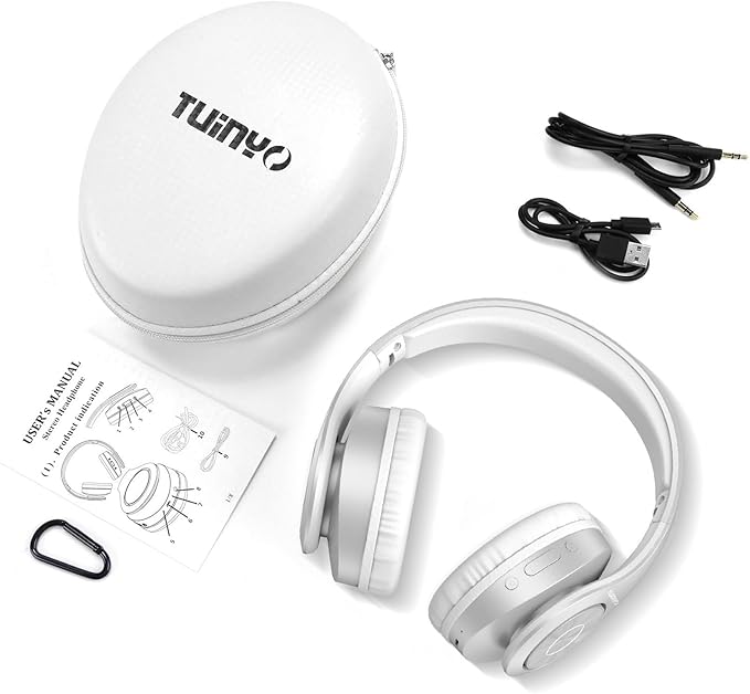TUINYO Bluetooth Headphones Wireless, Over Ear Stereo Wireless Headset 40H Playtime with deep bass, Soft Memory-Protein Earmuffs, Built-in Mic Wired Mode PC/Cell Phones/TV-White … …