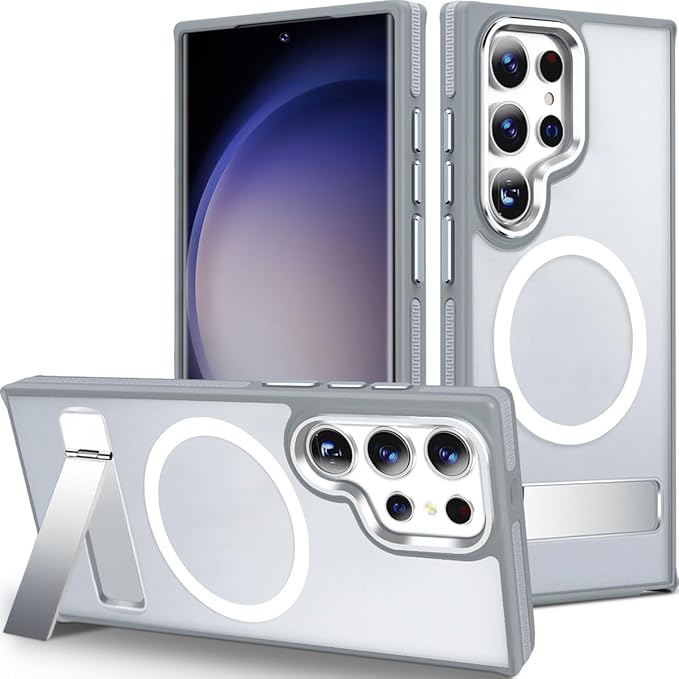 Magnetic Case for Samsung Galaxy S24 Ultra with Stand, Compatible with MagSafe, Anti-Slip Cover with Military-Grade Protection, Slim Phone Case for Galaxy S24 Ultra (Grey/White)