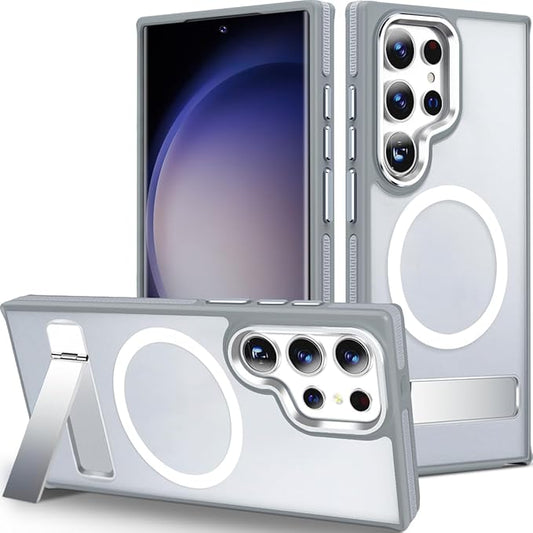 Magnetic Case for Samsung Galaxy S24 Ultra with Stand, Compatible with MagSafe, Anti-Slip Cover with Military-Grade Protection, Slim Phone Case for Galaxy S24 Ultra (Grey/White)