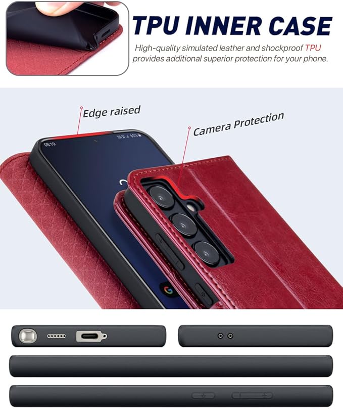 OCASE Compatible with Galaxy S24 5G Wallet Case, PU Leather Flip Folio Case with Card Holders RFID Blocking Kickstand [Shockproof TPU Inner Shell] Phone Cover (2024), Red
