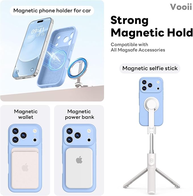Vooii Magnetic Compatible with iPhone 17 Pro Case (Compatible with Magsafe) (Upgraded Camera Protection) Liquid Silicone Shockproof Full Body Protective Phone Cover for Women Men, Light Blue, 6.3”