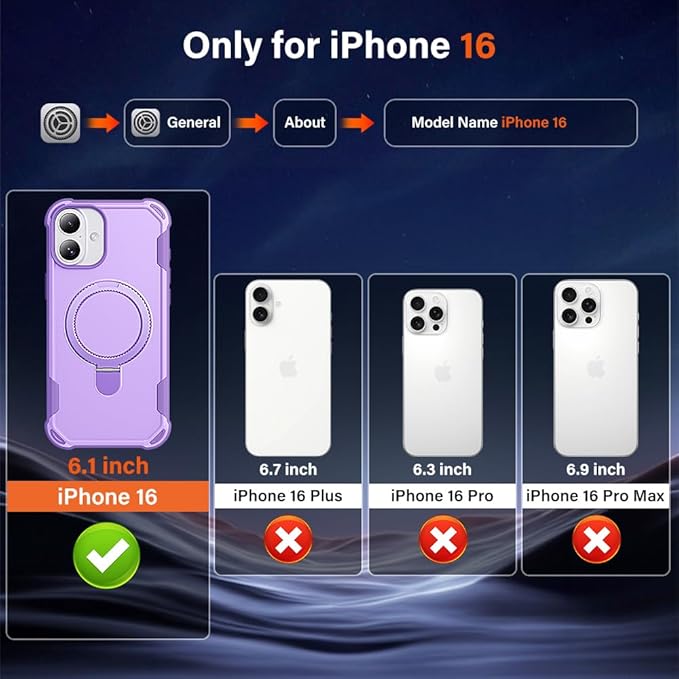 Designed for iPhone 16 Case with Magnetic Stand [Military Drop Protection][Compatible with Magnet] Shockproof 16 Phone Case with Ring Holder, Purple