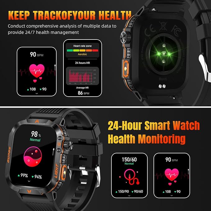Military Smartwatch for Men, LED Flashlight Bluetooth Call IP68 Waterproof Heart Rate Blood Oxygen Sleep Tracker Fitness Pedometer Android/iOS Compatible - Ideal for Hunting Hiking Extreme Sports