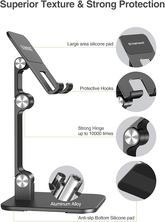 elitehood Aluminum iPad Stand for Desk [Ultra-Stable & Sturdy], Height Adjustable Tablet Stand, Portable Tablet Holder Dock for Home Office, Compatible with iPad Pro 12.9, iPad Air Mini 6 5 4 3, Black