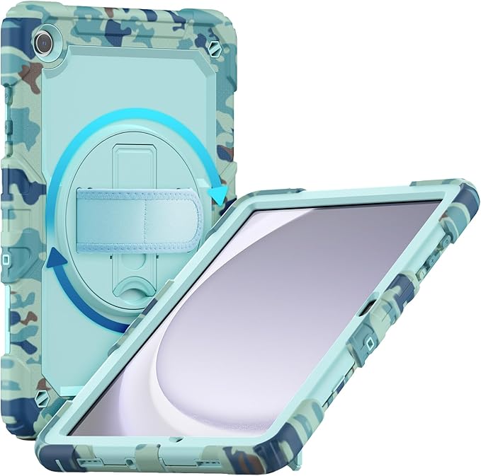 Case for Samsung Galaxy Tab A9+/ A9 Plus Case 11" 2023, Heavy Duty Shockproof Protective Case with Screen Protector, Hand Strap, Shoulder Strap, 360° Rotating Stand Camo Blue