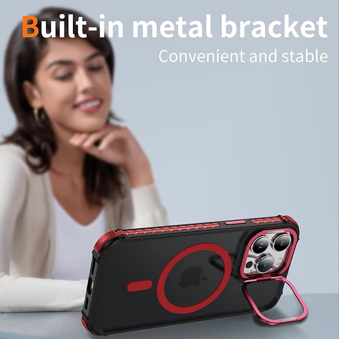 Magnetic for iPhone 14 Pro Case Red with MagSafe Wireless Charging Heavy Duty Military-Grade Shockproof Protection Adjustable Kickstand Slim Matte Anti-Fingerprint Cover Men Women