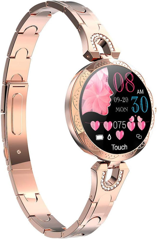 Smartwatch for Women Compatible for iPhone Samsung Android iOS Phones. Smart Bracelet with Female Menstrual Cycle Heart Rate Blood Pressure Remote Photography Waterproof Pedometer (Gold)