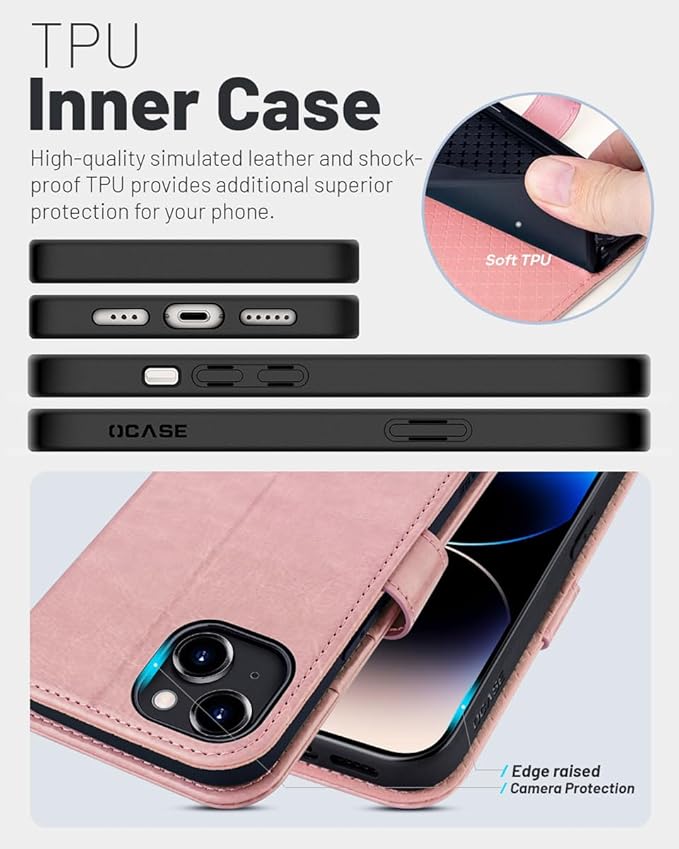 OCASE Compatible with iPhone 15 Wallet Case, PU Leather Flip Folio Case with Card Holders RFID Blocking Kickstand [Shockproof TPU Inner Shell] Phone Cover 6.1 Inch 2023, Pink
