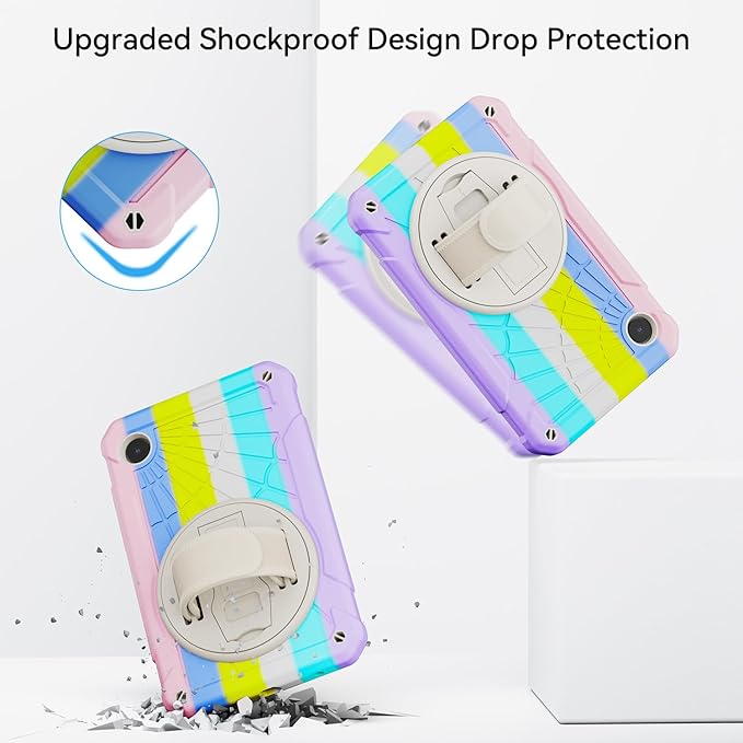 Case for Samsung Galaxy Tab A9 8.7 Inch 2023, 360° Rotating Stand, Hand Strap&Shoulder Strap Case for Samsung A9 Tablet(SM-X110/X115/X117) (Colorful Powder)