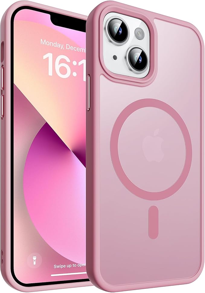 Magnetic for iPhone 13 Case & iPhone 14 Case, Compatible with MagSafe, Military Grade Drop Protection, Slim Fit Shockproof Anti-Fingerprint Translucent Matte Phone Protective Cover, Pink