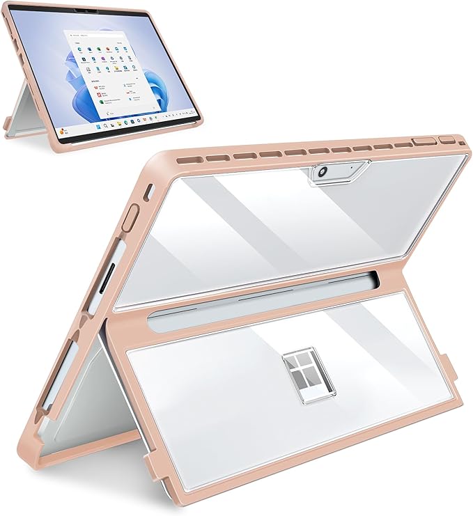 Case Updated Version fit Microsoft Surface Pro 11/10 /9/8 13-Inch, All-in-one Rugged Case Compatible with Type Cover Keyboards, Transparent&Pink