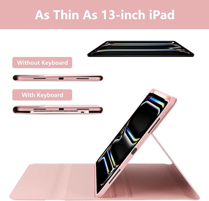aMZCaSE for iPad Pro 13 inch Case with Keyboard, Keyboard Case for iPad Pro 13 with Bluetooth Detachable Smart Sleep/Wake Cover & Pencil Holder for M4 13 inch, Light Pink