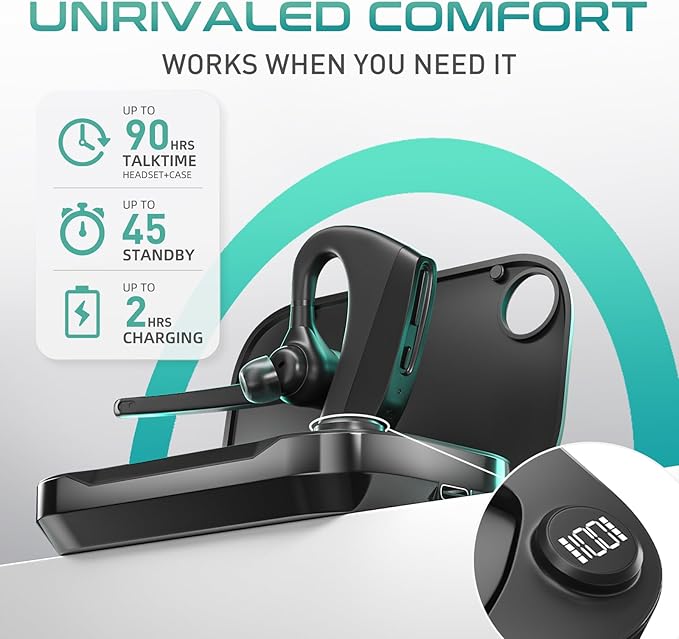 Bluetooth Headset Wireless Earpiece with 450mAh Charging Case Noise Canceling Mic for PC Computer, Laptop, Cell Phones, Remote Work, Call Center, Trucker Work, Trucker Work