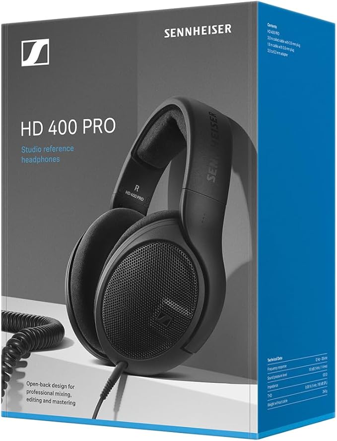 Liquid Audio Sennheiser HD 400 PRO Open-Back Dynamic Headphones in Black, Bundle w/Pig Hog PHX14-25 1/4" Headphone Extension Cable Polishing Cloth