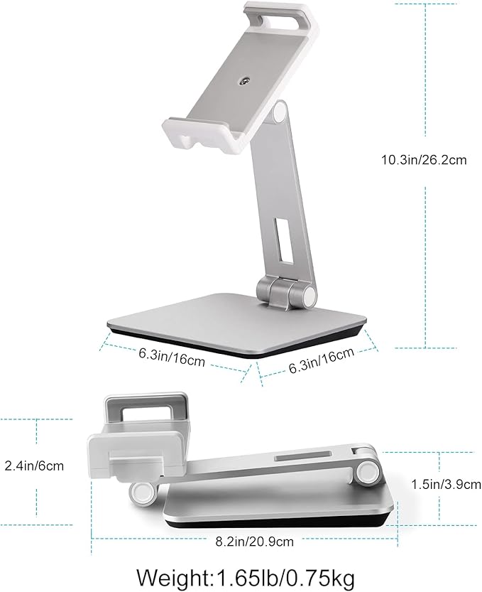 Tablet Stand Adjustable & Foldable, 360° Swivel Heavy Aluminum Tablet Holder for Desk, Compatible with iPad Pro/Air/Mini, Galaxy Tab, Surface Pro, Kindle Fire (7-13") (Silver)