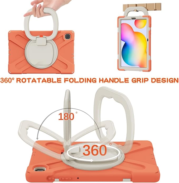360 Rotation Case for Samsung Galaxy Tab S6 Lite 10.4" Sturdy Cover Rotate Ring Stand Shoulder Carrying Strap Hand Strap Rugged Children Adults Outdoor Case (Orange)