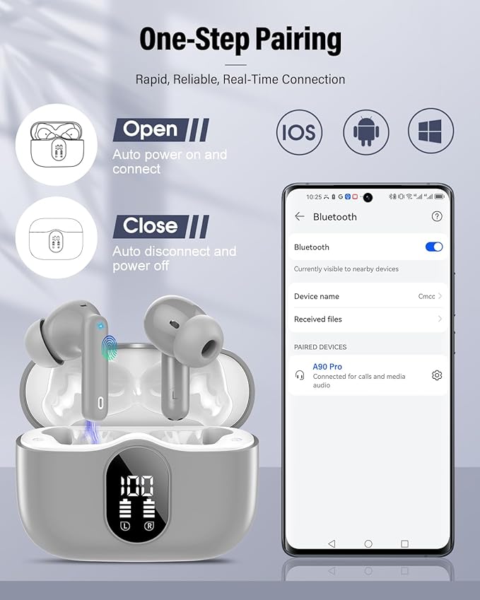 Wireless Earbuds, Bluetooth 5.4 Headphones Bass Stereo, Ear Buds with Noise Cancelling Mic, IP7 Waterproof in Ear Earphones, 36H LED Display Bluetooth Earbuds for Laptop Pad Phones Sports, Grey