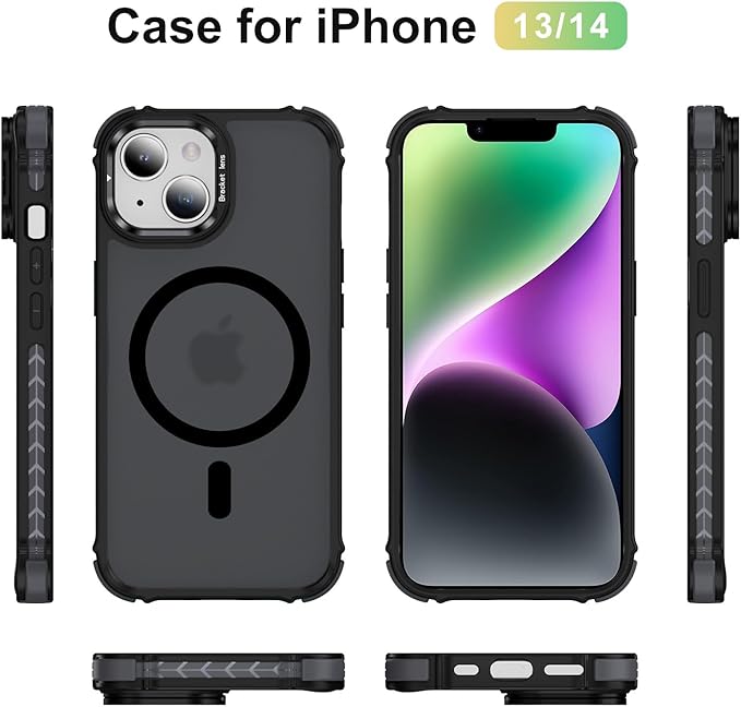 Magnetic for iPhone 14 Case/iPhone 13 Case Black with MagSafe Wireless Charging Military-Grade Shockproof Protection Adjustable Kickstand Slim Matte Anti-Fingerprint Cover Men Women