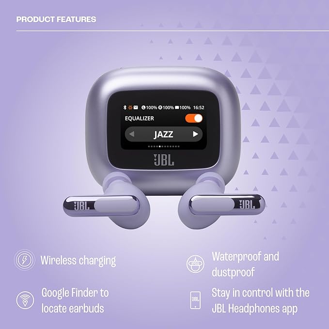 JBL Live Beam 3 - True wireless noise-cancelling closed-stick earbuds, 48Hrs total playback, Wireless Charging, 6 Mics for perfect calls, Multi-point connection, IP55 waterproof and dustproof (Purple)