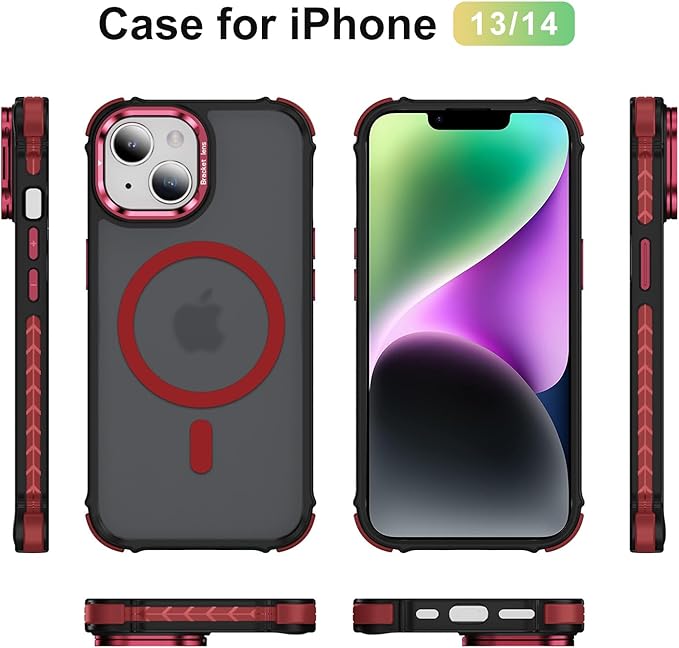 Magnetic for iPhone 14 Case/iPhone 13 Case Red with MagSafe Wireless Charging Military-Grade Shockproof Protection Adjustable Kickstand Slim Matte Anti-Fingerprint Cover Men Women