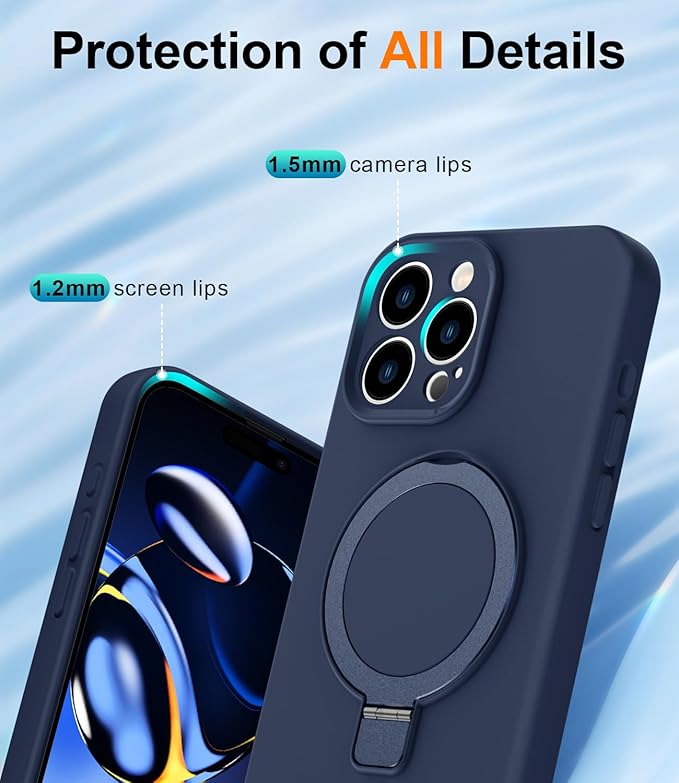 ZHK Liquid Silicone Designed for iPhone 15 pro Case with Magnet Stand, [Precise Camera Lens Protection][Mil-Grade Drop Shockproof][Soft Anti-Scratch Microfiber Lining] Slim Fit Cover, Navy Blue