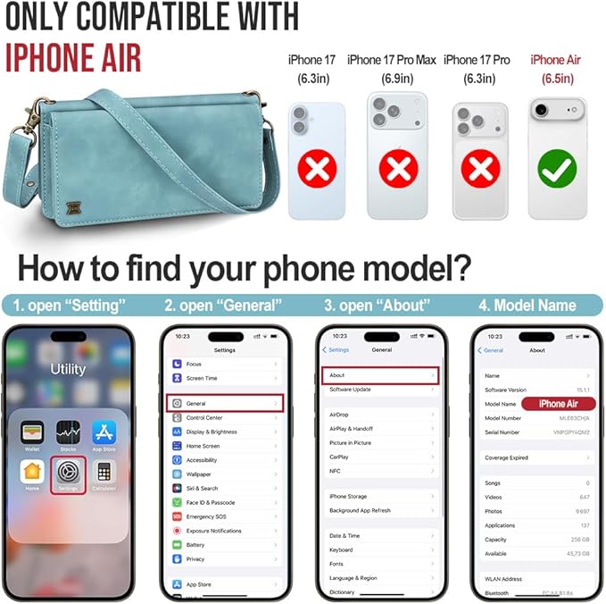 for iPhone Air Wallet Phone Case with 8 Card Holder,RFID Blocking | PU Leather | Kickstand | Flip | Wrist Strap&Shoulder Strap | Shockproof | Zipper Wallet | Women Men | 6.5" |Baby Blue