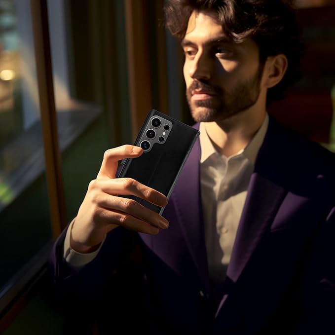 MONASAY Wallet Case Fit for Samsung Galaxy S24 Ultra 5G，[Lens & Glass Screen Protector] [RFID Blocking] Flip Folio Leather Cell Phone Cover with Credit Card Holder, 6.8 inch, Black