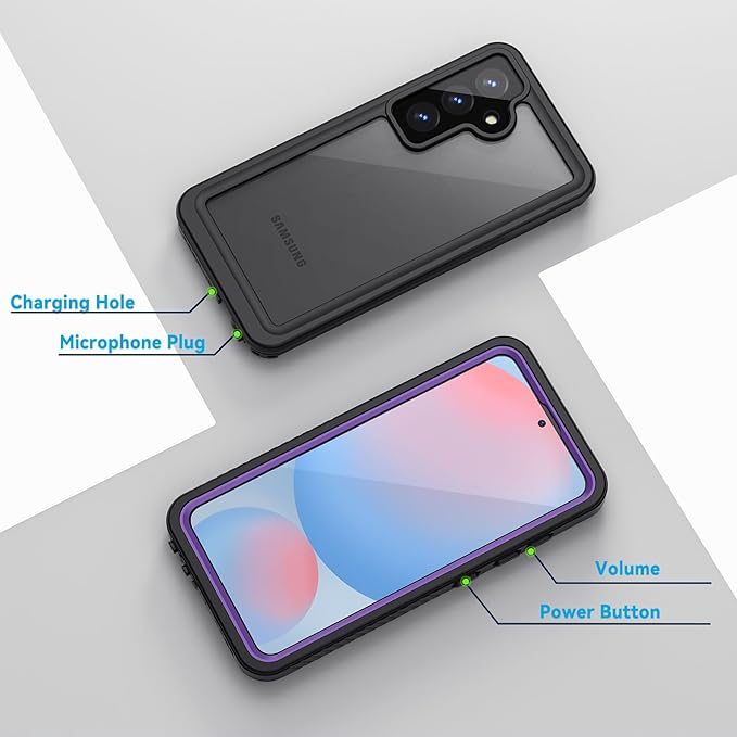 Lanhiem for Samsung Galaxy S24 FE Case, IP68 Waterproof Dustproof Case, Built-in Screen Protector, Heavy Duty Shockproof Full Body Protective Phone Cover for Galaxy S24FE 5G 6.7 Inch, Purple/Clear