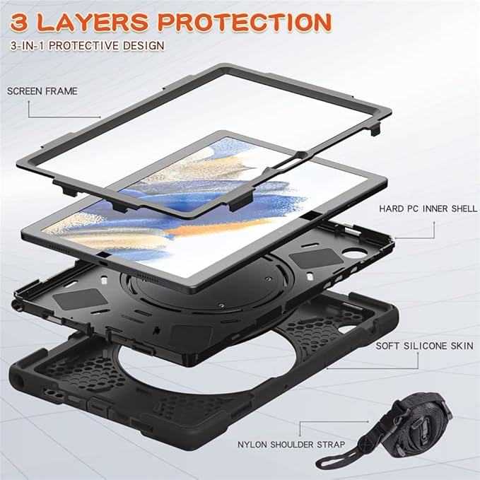 360 Rotation Case for Galaxy Tab A8 10.5" Sturdy Cover Rotate Ring Stand Shoulder Carrying Strap Hand Strap Rugged Children Adults Outdoor Case, Black