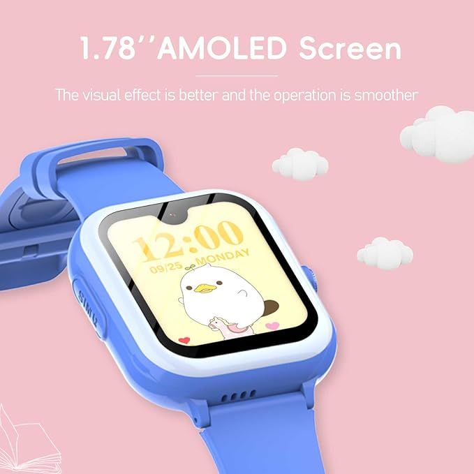 Wonlex 4G GPS Kids Smartwatch with SIM Card, 1.78" AMOLED Large Touch Screen Smart Watch for Kids, Boys Girls Phone Watch with Video Voice Calls, SOS, Camera, Pedometer, Alarm, Game(Blue)
