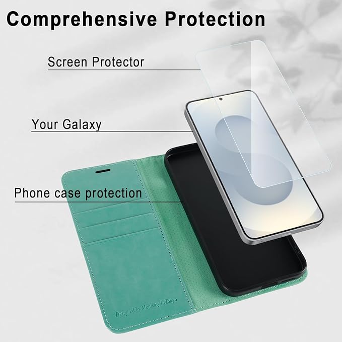 MONASAY Wallet Case Fit for Samsung Galaxy S25 5G, [Lens & Glass Screen Protector Included] [RFID Blocking] Flip Folio Leather Cell Phone Cover with Credit Card Holder, 6.2 inch, Mint
