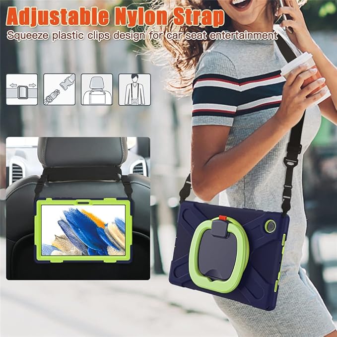 360 Rotation Case for Samsung Galaxy Tab A8 10.5" Sturdy Cover Rotate Ring Stand Shoulder Carrying Strap Hand Strap Rugged Children Adults Outdoor Case, Navy+Green