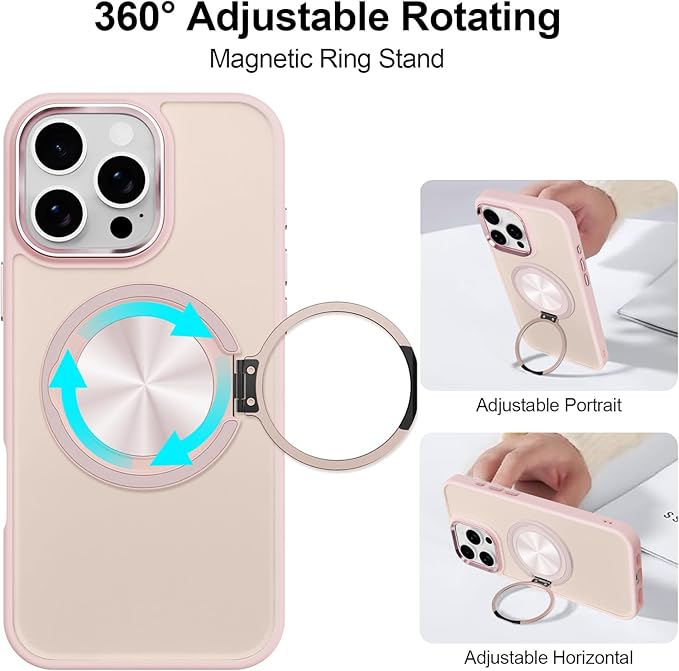 ZIYE Baby Pink Case for iPhone 16 Pro Max Case with Stand [Compatible with MagSafe] Slim Heavy Duty Protection Military Grade Shockproof Magnetic Cover with 360 Rotatable Ring Kickstand for Women Men