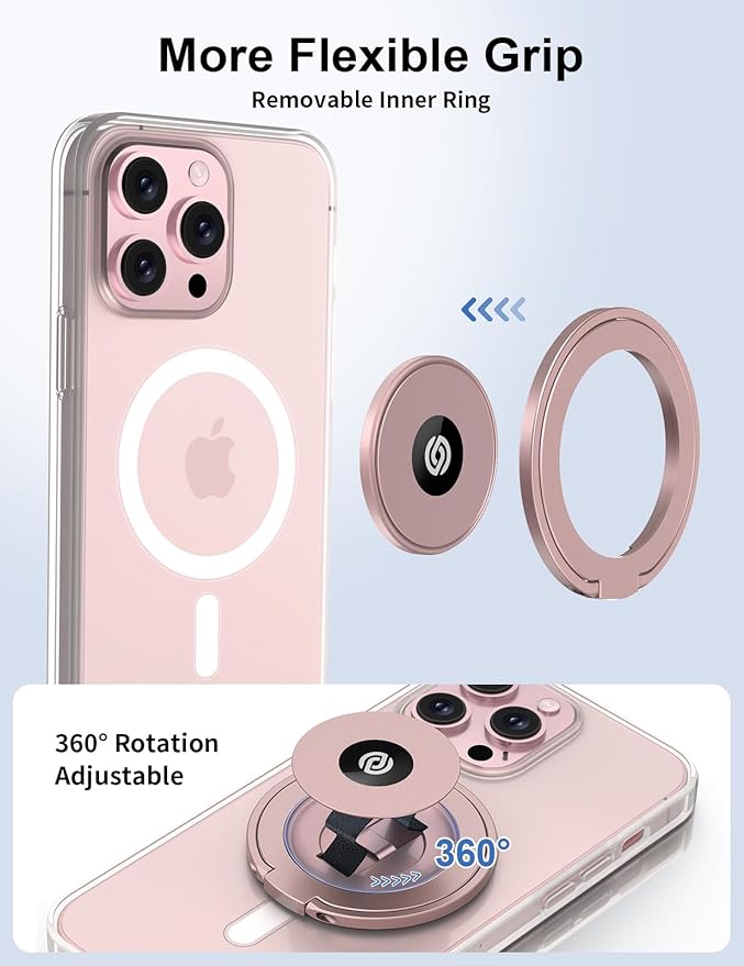 EWA MagOne Ultra (Plate Edition) Phone Grip Stand with Leather Finger Strap, Removable Magnetic Ring Holder Kickstand Loop, Double-Sided Magnetic Accessories for Phone-Rosegold