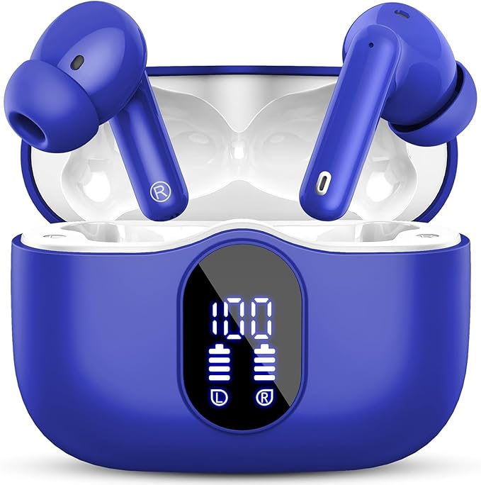 Wireless Earbuds, Bluetooth 5.4 Headphones Bass Stereo, Ear Buds with Noise Cancelling Mic, IP7 Waterproof in Ear Earphones, 36H LED Display Bluetooth Earbuds for Laptop Pad Phones Sports, Blue