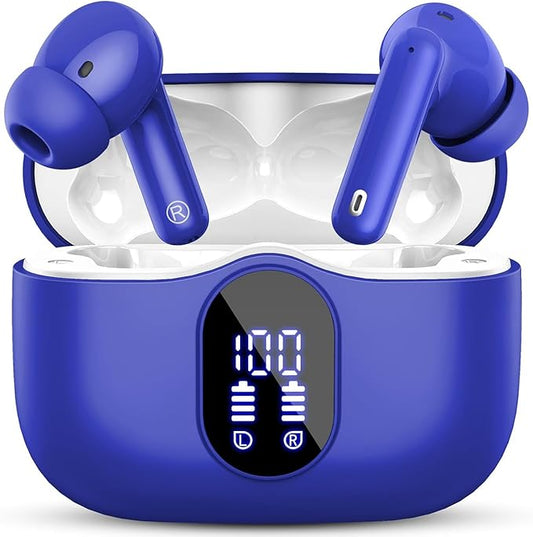 Wireless Earbuds, Bluetooth 5.4 Headphones Bass Stereo, Ear Buds with Noise Cancelling Mic, IP7 Waterproof in Ear Earphones, 36H LED Display Bluetooth Earbuds for Laptop Pad Phones Sports, Blue