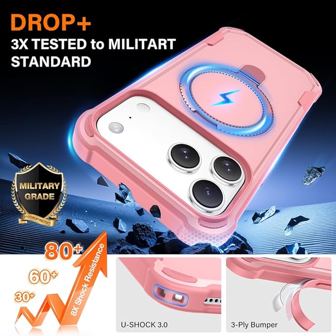 Designed for iPhone 17 Pro Case with Magnetic Stand [Military Drop Protection][Compatible with Magnet] Shockproof 17 Pro Phone Case with Ring Holder, Pink