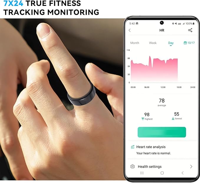 Smart Ring for Women Men with a Black Charging Box,Bluetooth Connection,Health Ring,IP68 Waterproof, Fitness Ring Tracks Heart Rate/Sleep/Steps/Sports Activities/Blood Oxygen(Black 7)