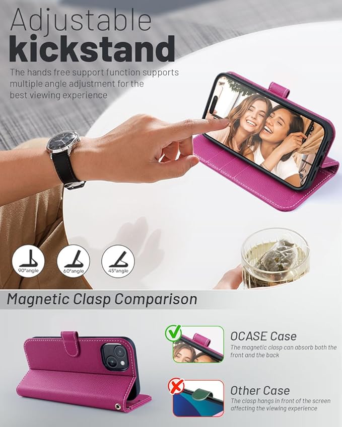 OCASE Compatible with iPhone 15 Wallet Case, PU Leather Flip Folio Case with Card Holders RFID Blocking Kickstand [Shockproof TPU Inner Shell] Phone Cover 6.1 Inch 2023, Litchi Rose