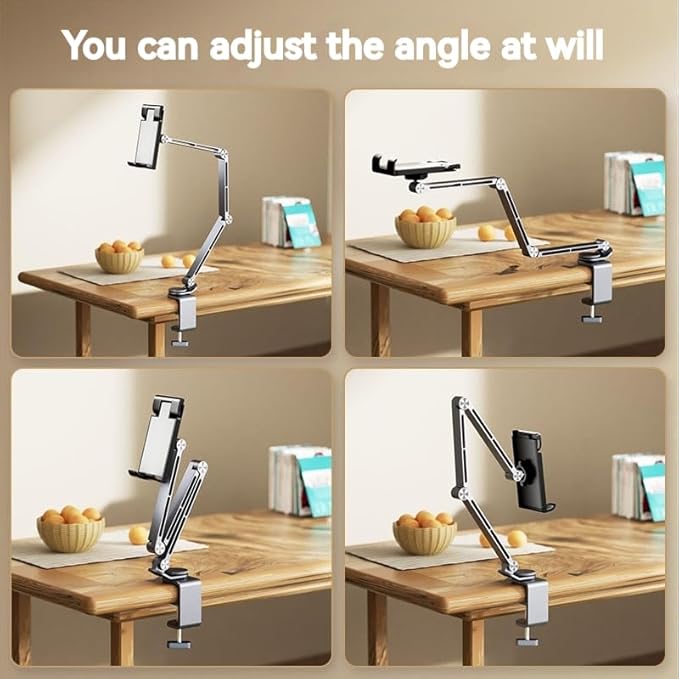 Rotatable Holder Stand Tablet Holder Multi-Angle Design Phone Clip Swivel Mount Desktop Aluminum Alloy Cantilever Bed Desk Home Live Folding Bracket Compatible with 4"-13" Phone Tablet (Gray)