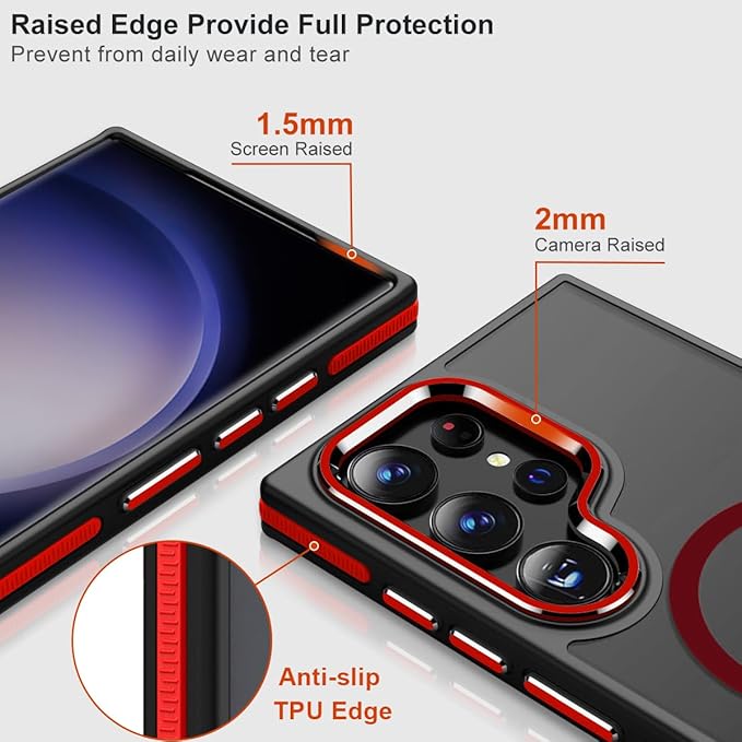 Magnetic Case for Samsung Galaxy S24 Ultra with Stand, Compatible with MagSafe, Anti-Slip Cover & Shockproof, Slim Translucent Back for Galaxy S24 Ultra Phone Case (Black/Red)