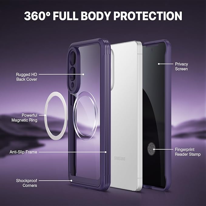 CENHUFO Magnetic for Samsung Galaxy S25 Edge Case, Full Body Phone Case with Built-in 9H Tempered Glass Privacy Screen Protector and Camera Lens Protector, Shockproof Clear Cover Bumper - Purple