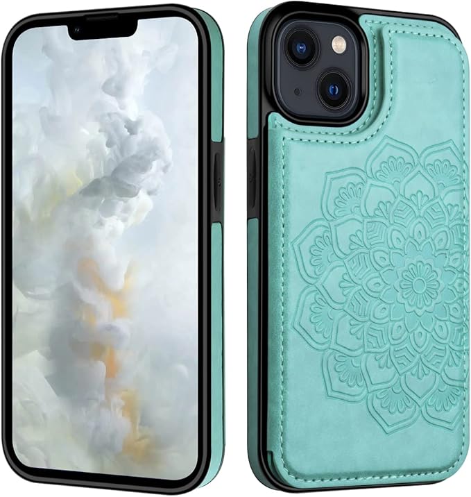 MMHUO for iPhone 14 Plus Case with Card Holder,Flower Magnetic Buttons Protective Wallet Case for Women for iPhone 14 Plus,Mint