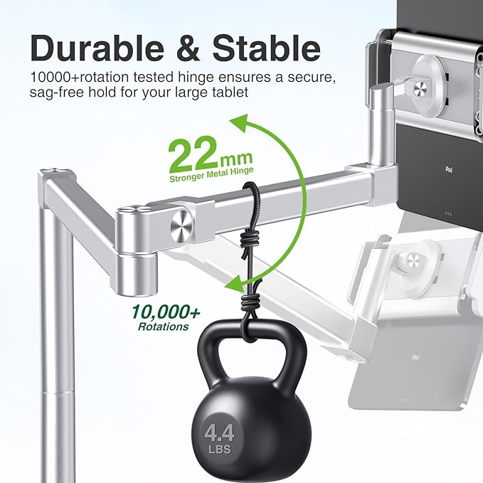 elitehood iPad Holder Stand for Desk & Bed, 28-inch Tablet Arm Mount with Clamp, Easy Adjustable Aluminum iPad Desk Mount for Office Home, Compatible with 4/7-13in Tablets and Cell Phones, Sliver