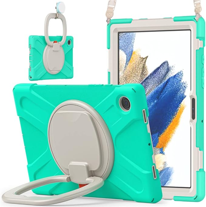 Galaxy Tab A8 10.5" Case 360 Rotation Sturdy Cover Rotate Ring Stand Shoulder Carrying Strap Hand Strap Rugged Children Adults Outdoor Case, MintGreen