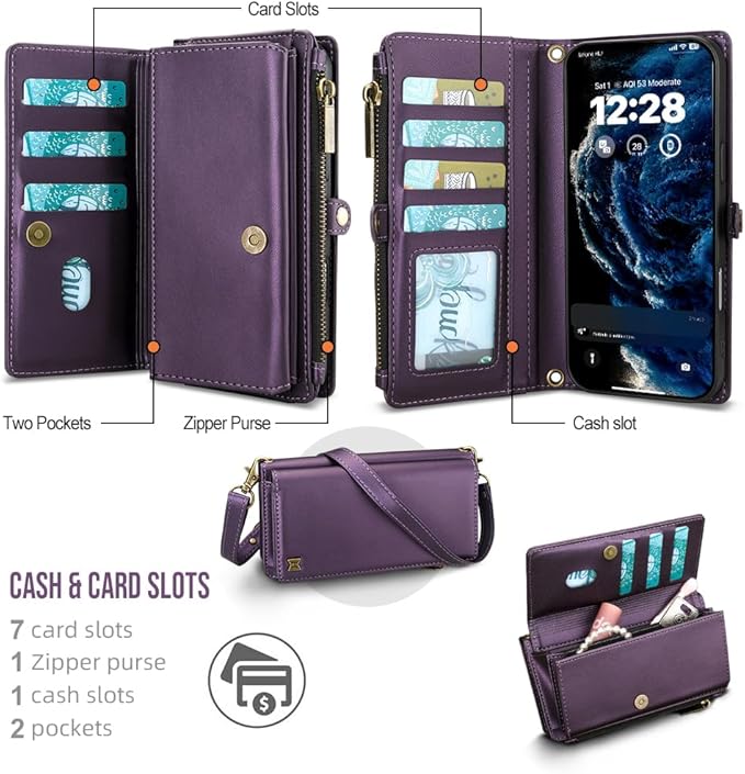 for iPhone 17 Wallet Phone Case with 7 Card Holder,RFID Blocking | PU Leather | Kickstand | Flip | Wrist Strap&Shoulder Strap | Shockproof | Zipper Wallet | Women Men | 6.3" | Purple