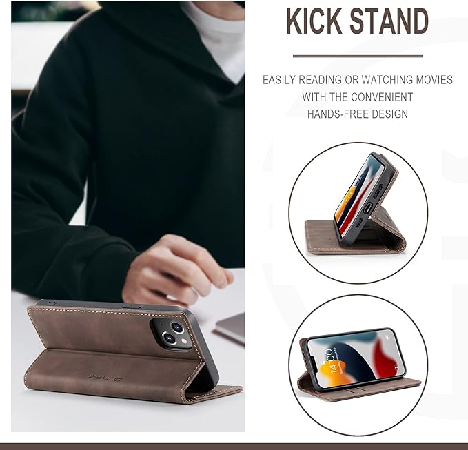 QLTYPRI Case for iPhone 14, Vintage PU Leather Wallet Case Card Slot Kickstand Magnetic Closure Shockproof Flip Folio Book Case Cover for iPhone 14(6.1 inch) - Coffee Brown